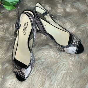 Franco Sarto Peep Toe Slingback Shoes Black and Grey Snakeskin Woman’s Size 7.5M